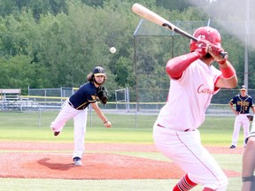 Josh Blake (8) of the Sudbury Voyageurs delivers a pitch during Premier Baseball League of Ontario 18U action against the Ottawa Nepean Canadians at Terry Fox Sports Complex in Sudbury, Ontario on Saturday, July 3, 2021.