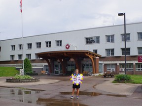 Kathie Hogan gives a small preview of the upcoming Heart to Heart Day taking place July 15 where Powassan residents can show their appreciation of the Eastholme workers.  About 150 residents will form the outline of a human-shaped heart surrounding Eastholme.
Ben Mousseau Photo