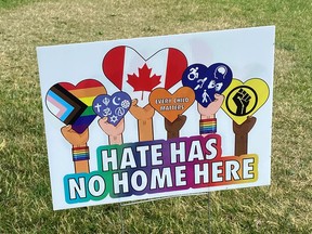 A sign had been placed in Joel Stone Park on July 1 as a quiet memorial service was held in Town Hall Park to honour of all of the indigenous children who died while in residential schools or similar care. About 300 people were in attendance.  
Supplied by Michelle Gloumeau