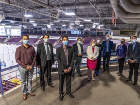 L-R: Gurpinderjit Bajwa, Supervisor, Mass Vaccination Clinic, Region of Peel; Dr. Ian Arra, Chief Medical Officer for Grey-Bruce Health Unit; Dr. Lawrence Loh, Chief Medical Officer for Region of Peel;  Deepak Anand, MPP Mississauga-Malton;  Hon. Sylvia Jones, Solicitor General of Ontario; Paulette Whyte, Manager, Public Health Emergencies MVP, Region of Peel; Mike Rencheck, President and CEO, Bruce Power; Sue Paterson, Chair, Board of Health, Grey Bruce Health Unit; James Scongack, EVP Corporate Affairs & Operational Services, Bruce Power. SUBMITTED