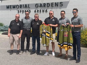 Making the announcement were, left to right, Powassan Voodoos part-owner Ray Seguin, North Bay Battalion assistant coach Scott Wray, president Jim Bruce and general manager Chris Dawson of Powassan and general manager Adam Dennis and head coach Ryan Oulahen of the Battalion.
Submitted Photo