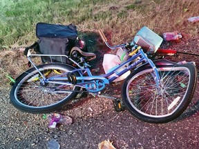 The bike suffered significant damage after being hit by a vehicle on the highway. (supplied photo)