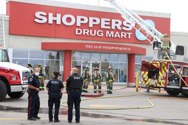 Sault Ste. Marie Fire Services and Sault Ste. Marie Police Service respond to a fire at Shoppers Drug Mart at Cambrian Mall in Sault Ste. Marie, Ont., on Wednesday, July 2, 2021. (BRIAN KELLY/THE SAULT STAR/POSTMEDIA NETWORK)