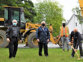 Mayor Mitch Panciuk and Coun(s) Bill Sandison and Garnet Thompson joined city workers for a groundbreaking ceremony to begin municipal services on Orchard Drive and Prince Drive. CITY OF BELLEVILLE
