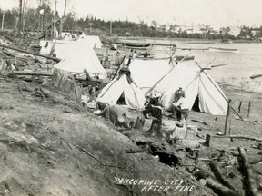 Survivors of the Great Porcupine Fire set up tents around Porcupine Lake. Most of the mining operations plus South Porcupine, Pottsville and a portion of Golden City (now Porcupine) were destroyed. SUBMITTED PHOTO