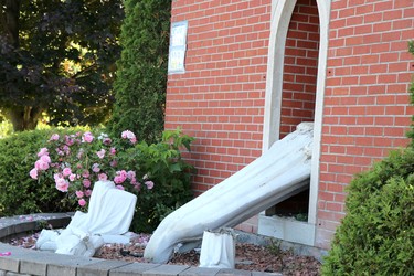 Vandalism done to Our Lady of Fatima grotto at Our Lady of Good Counsel Catholic Church on Saturday, July 10, 2021 in Sault Ste. Marie, Ont. (BRIAN KELLY/THE SAULT STAR/POSTMEDIA NETWORK)