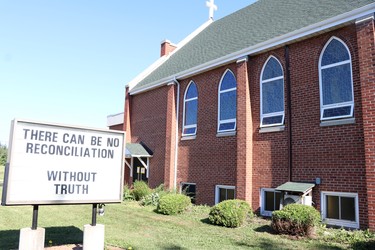 Exterior sign at Our Lady of Good Counsel Catholic Church on Saturday, July 10, 2021 in Sault Ste. Marie, Ont. (BRIAN KELLY/THE SAULT STAR/POSTMEDIA NETWORK)