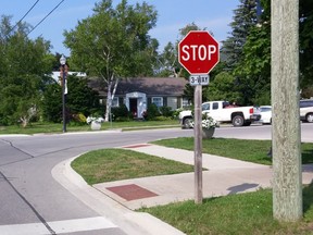 Placement of the stop sign for northbound traffic on Huron at the High St. intersection in Southampton is causing confusion for some drivers as the sign is located before the bump-out so people stop and think they can proceed without watching for people  crossing. [Frances Learment]