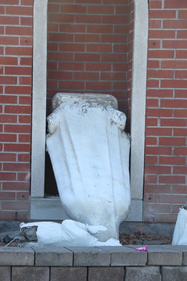 Vandalism done to Our Lady of Fatima grotto at Our Lady of Good Counsel Catholic Church on Saturday, July 10, 2021 in Sault Ste. Marie, Ont. (BRIAN KELLY/THE SAULT STAR/POSTMEDIA NETWORK)