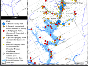 Matrix Solutions Inc. of Guelph and Mississauga recently studied groundwater behaviour in a 186-square-kilometre area of Silver Hill in an effort to understand the production of toxic hydrogen sulphide gas in and around the hamlet. The firm says there are hundreds of old and active wells in the study area related to the production of natural gas and other fossil fuels. – Norfolk County graphic