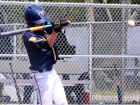Gabriel Larocque of the Sudbury Voyageurs swings at an incoming pitch during Premier Baseball League of Ontario 14U action at Terry Fox Sports Complex in Sudbury, Ontario on Saturday, July 10, 2021.