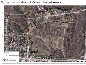 The location of boreholes made in Canatara Park to track the spread of floating oil is shown in this map from the City of Sarnia. Details of the spread and options for remediation are expected this fall, city officials say. (City of Sarnia photo)