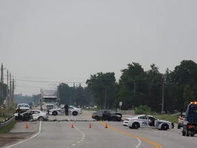 London police have closed Colonel Talbot Road, just south of Highway 401, following an early Thursday crash that sent two men to hospital. JONATHAN JUHA/The London Free Press