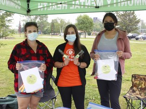 Timmins Native Friendship Centre’s child and youth team members from left, Chantal Sirois, Ashley Bourgon and Jordain Louttit, hosted a cooling station event at Hollinger Park earlier this week. They offered free kits and popsicles to children who were playing at the park. Sirois noted they were trying to bring a little fun to the kids, while promoting their team. They will host the event at Hollinger Park once again on Wednesday, July 28, from 1- 3.30 p.m. RICHA BHOSALE/THE DAILY PRESS