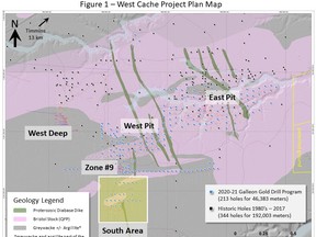 This map shows Galleon Gold Corp.’s West Cache Project, located 13 kilometres west of Timmins. Galleon is reporting a new mineralized area with multiple gold zones on the property. SUBMITTED IMAGE