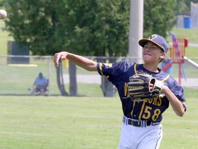 Mathieu Lacasse of the Sudbury 14U Voyageurs throws the ball during Premier Baseball League of Ontario action at Terry Fox Sports Complex in Sudbury, Ontario on Saturday, July 10, 2021.