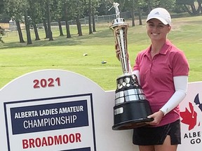 Hailey Katona of Tilbury, Ont., celebrates her win at the Alberta ladies amateur golf championship at Broadmoor Golf Course in Sherwood Park, Alta., on Thursday, July 15, 2021. (Contributed Photo)