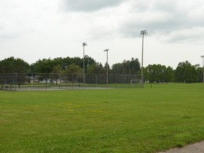 It doesn’t look like much now, but this empty field between the tennis courts and the parking lot at the Stratford Education and Recreation Centre could soon be the location of a new, NBA-sized basketball court if Stratford council approves a proposal by the Stratford Basketball Association. (Galen Simmons/The Beacon Herald)