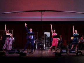 Evangelia Kambites (left), Mark Uhre, Alana Hibbert, and Gabrielle Jones perform in You Can’t Stop the Beat, a cabaret directed by Thom Allison opening in Stratford on Sunday. (Contributed photo/DAVID HOU)