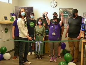 Members of Stratford’s GreenSeal Cannabis Company and staff at the Little Leaf Cannabis Company retail store celebrated the official launch of GreenSeal’s first recreational strain of cannabis sold in Ontario, Gorilla Berry, during a product launch event at the Little Leaf store Friday evening. (Galen Simmons/The Beacon Herald)