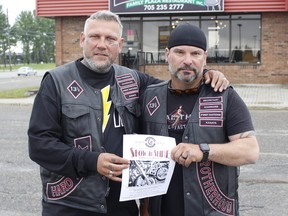 Warriors Hardrock vice president J.C. Murray, left, and secretary Jason Fasciano are inviting all kinds of vehicle owners to attend the Show and Shine event at Narduzzi’s parking lot near the South Porcupine Mall on Sunday, from 11 a.m. to 3 p.m., to help fundraise for the South Porcupine Food Bank. RICHA BHOSALE/THE DAILY PRESS