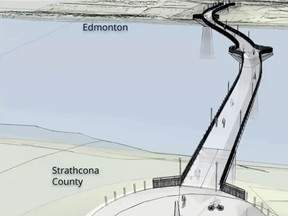 The first draft of the design for the River Valley Alliance's multi-million-dollar footbridge between Edmonton and Strathcona County was recently released. Graphic Supplied