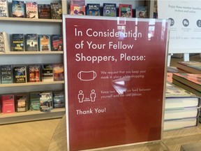 Signage with Sherwood Park's Indigo asks customers to wear a mask when shopping. As of Thursday, July 29, Alberta Health reported 11 active cases in Strathcona County — three cases in Sherwood Park and eight in the rural portion of the county. Lindsay Morey/News Staff