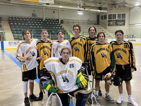 Following the final exhibition game on July 6, some of the Titans' graduating players gathered together for one last photo. (Back) From left to right Markus Hildebrand, Hunter Cecka, Reed Low, Blake Harrison, Dominik Taylor, Jaxon Baker, and Tristan Crundwell, along with goalie Daniel Willis (front). Photo Supplied