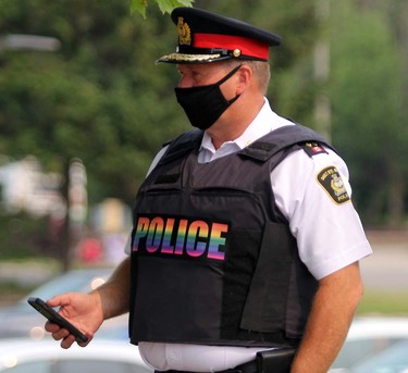 Sault Ste. Marie Police Service Chief Hugh Stevenson arrives at Sunday morning’s Pridefest flag-raising event at the Ronald A. Irwin Civic Centre. JEFFREY OUGLER/THE SAULT STAR/POSTMEDIA NETWORK