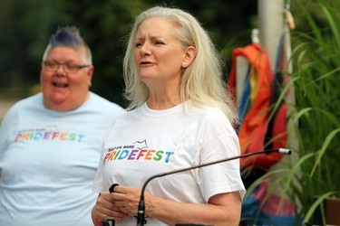 Ward 3 Coun. Donna Hilsinger addresses Sunday morning’s Pridefest flag-raising event at the Ronald A. Irwin Civic Centre. JEFFREY OUGLER/THE SAULT STAR/POSTMEDIA NETWORK