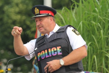 Sault Ste. Marie Police Service Chief Hugh Stevenson addresses Sunday morning’s Pridefest flag-raising event at the Ronald A. Irwin Civic Centre. JEFFREY OUGLER/THE SAULT STAR/POSTMEDIA NETWORK