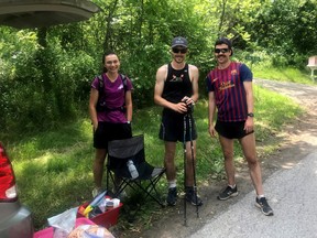 Kip Arlidge, middle, flanked by his ultra marathon support team Maddy McDonald, left, and Eric MacPherson as the trio took on the Bruce Trail. Megan Arlidge Photo