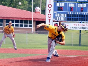 Ryan Lacasse of the Sudbury Voyageurs pitches against the Ontario Yankees during Premier Baseball League of Ontario 16U action at Terry Fox Sports Complex in Sudbury, Ontario on Saturday, July 17, 2021.