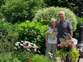 Alison and Robert Wyatt stand in their garden which is being featured in this years Garden Tour. The tour is being pushed to Aug. 8, and tickets are available to purchase Hannah MacLeod/Kincardine News