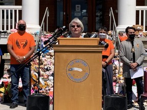 Mohawk Institute survivor Dawn Hill speaks at a press conference at the former residential school near Brantford. Photo taken Wednesday July 21, 2021. (DEREK RUTTAN, The London Free Press)