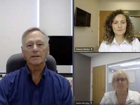 North Bay Parry Sound District Health Unit medical officer of health Dr. Jim Chirico, left, executive director of clinical services and chief nursing officer Shannon Mantha, and director of COVID-19 immunization strategy Andrea McLellan hold a weekly virtual media conference, Thursday, on the COVID-19 situation locally. Screenshot