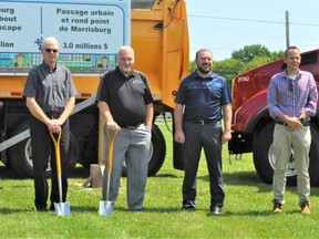 MPP Jim McDonell, South Dundas Mayor Steven Byvelds, United Counties of SDG Warden Allan Armstrong, MP Eric Duncan and United Counties of SDG's director of transportation and planning services Ben de Haan during the official sod turning event for the construction of the Morrisburg roundabout on Thursday July 22, 2021 in Morrisburg, Ont. Francis Racine/Cornwall Standard-Freeholder/Postmedia Network