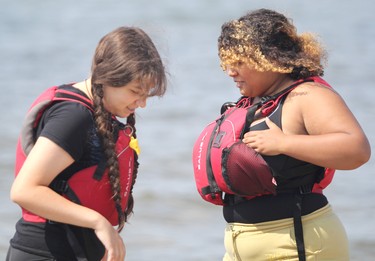 Tessa Agawa and Olivia Oliver participate in Algoma District School Board's Indigenous summer transition camp at Ojibway Park in Garden River First Nation, Ont., on Friday, July 23, 2021. (BRIAN KELLY/THE SAULT STAR/POSTMEDIA NETWORK)
