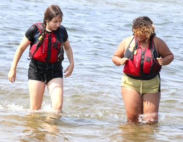 Tessa Agawa and Olivia Oliver participate in Algoma District School Board's Indigenous summer transition camp at Ojibway Park in Garden River First Nation, Ont., on Friday, July 23, 2021. (BRIAN KELLY/THE SAULT STAR/POSTMEDIA NETWORK)