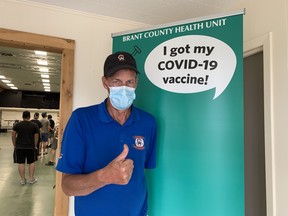 The Brant County Health Unit is making it easy for area residents to vaccinate against COVID-19 with pop-up clinics in high-traffic areas. Several employees of Campbell Amusements who were working the carnival midway at the Paris Fairgrounds Saturday took advantage of a pop-up clinic next door to get their jabs. Among them was Phil Cook, of Brantford. – Monte Sonnenberg