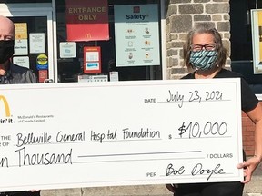 Doyle Foods with three McDonald’s locations in Belleville and the store in Madoc, donated one dollar from every McDonalds Hot McCafé and Big Mac sold last Friday to held Belleville General Hospital Foundation raise $10,000 for BGH hospital equipment. BGHF