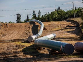 Sections of the Enbridge Line 3 pipeline are seen on the construction site on the White Earth Nation Reservation near Wauburn, Minnesota, on June 5, 2021. PHOTO BY KEREM YUCEL/GETTY IMAGES