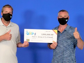 Hensall friends Jason Clarke, left, and Michael Hoffman are celebrating their recent $1-million Lotto Max win.