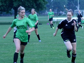 The South Huron Rush are off to a 2-0 start after returning to action this season. They opened their season July 16 with a 5-0 road victory in Belmont and followed it up with a 7-0 home win July 20 over Coldstream. Above right is Rush player Rachel Wilder in July 19 action in Exeter.