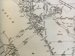 IMG_2550 – A photograph of a map (PAA 69.44/35) in Leonard’s The Last Great West showing “a portion of the Peace River Landing Settlement

as surveyed by Jean Baptiste Saint Cyr in 1907”.