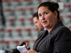 Stacey Colarossi coaches the U Sports All-Stars at the Hockey Canada Summer Showcase.