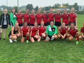 Members of the Greater Sudbury Impact U16 girls team, which opened the 2021 Central Soccer League season with a pair of wins.