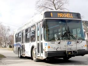 A Sarnia transit bus heads down Mitton Street after picking up some passengers on March 31, 2020. Sarnia is using federal money to study electrifying its bus fleet. (File photo/Postmedia Network)