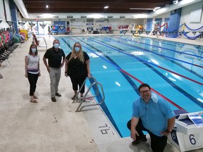 ‘Team Tillsonburg’ is looking forward to major renovations at the Tillsonburg Community Centre indoor pool over the next couple of years. From left, some of those team members include Andrea Greenway, Recreation Programs and Services Manager; Chris Baird, Director of Recreation, Culture and Parks; Julie Dawley, Aquatics Supervisor; and Dave Drobitch, Manager of Parks and Facilities. (Chris Abbott/Norfolk and Tillsonburg News)