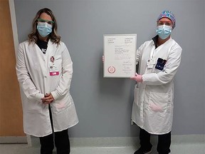 Portage District General Hospital frontline staff showing off the new Using Blood Wisely Designation. (Supplied Photo)